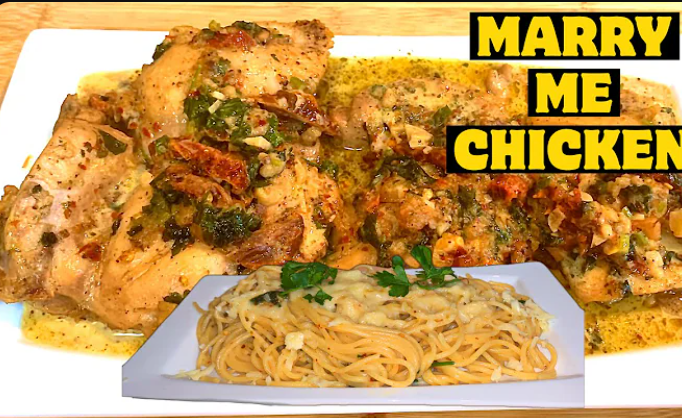 Alt Text: Creamy Marry Me Chicken recipe with pasta in a skillet