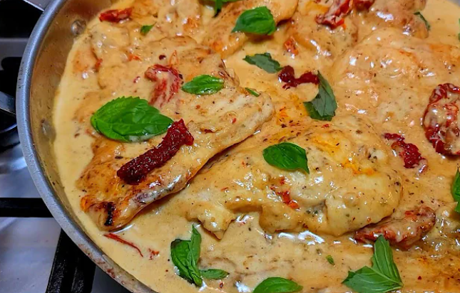 Marry Me Chicken Crock Pot recipe with creamy sauce and sun-dried tomatoes