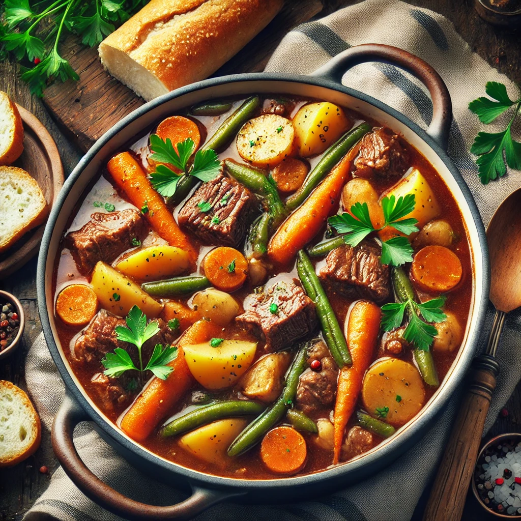 Hearty beef stew with carrots, potatoes, and green beans in a savory broth – an easy Instant Pot recipe for a quick and delicious meal.