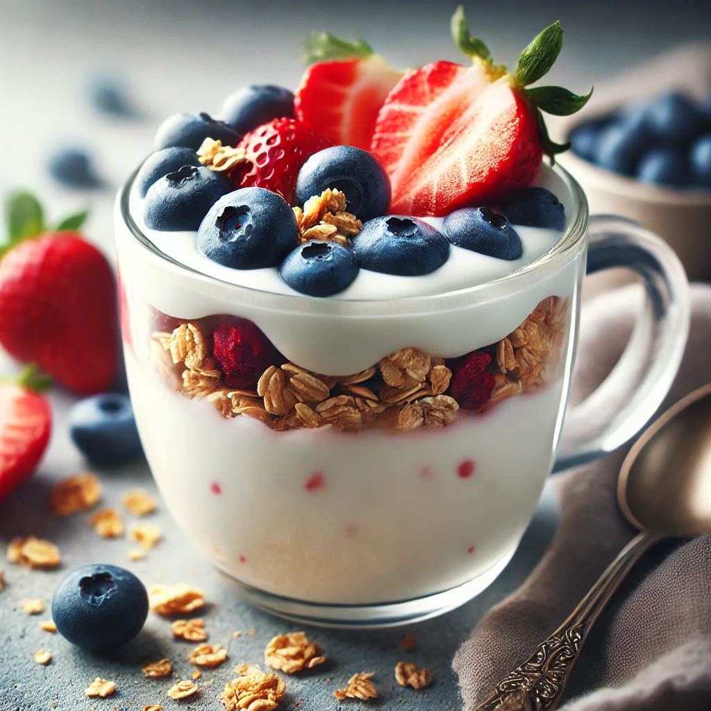 Homemade yogurt made using an Instant Pot, topped with fresh blueberries, strawberries, and granola. A perfect example of an easy Instant Pot yogurt recipe