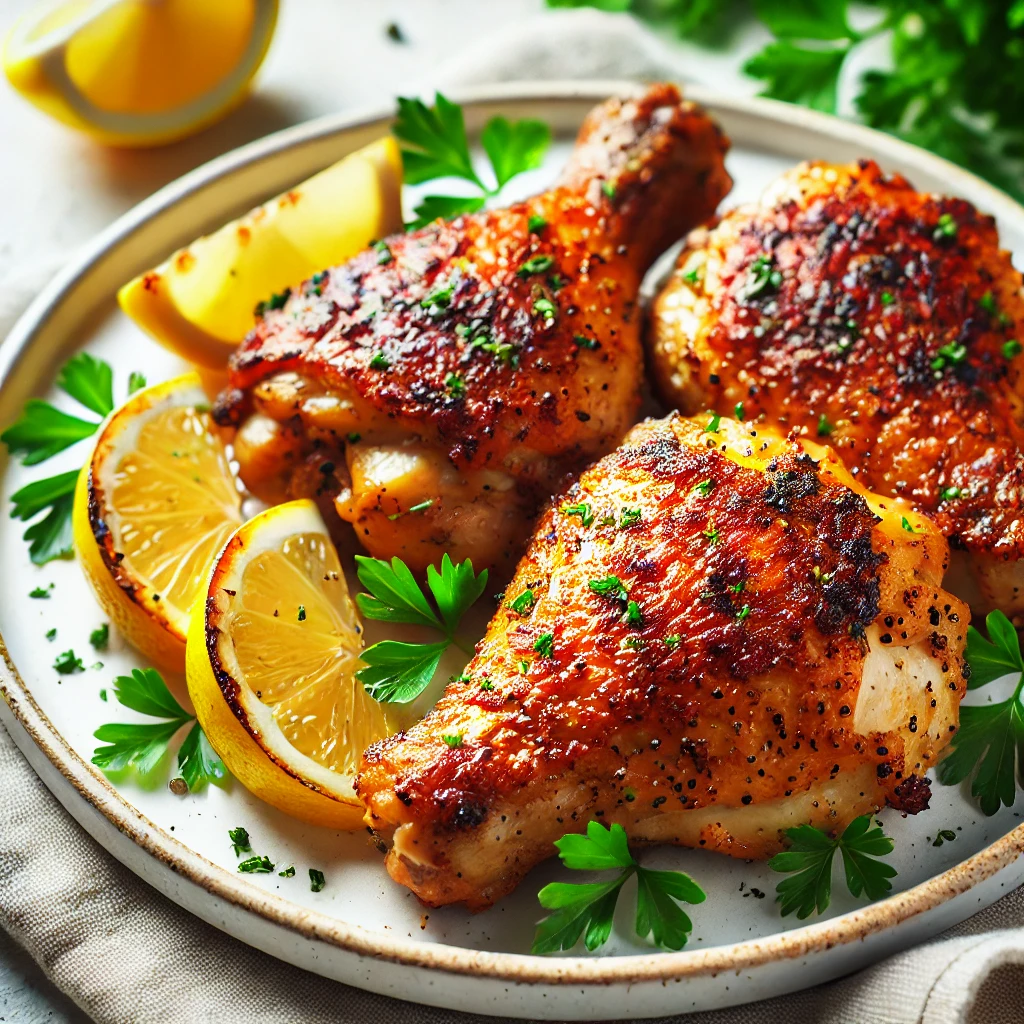 Crispy and juicy Instant Pot chicken thighs garnished with parsley and lemon slices