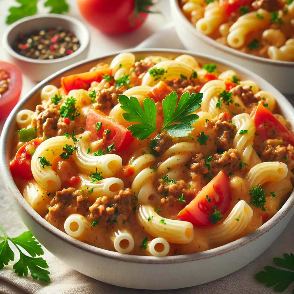 Delicious Instant Pot ground beef macaroni with tomatoes and bell peppers, garnished with fresh parsley – a quick and easy family meal