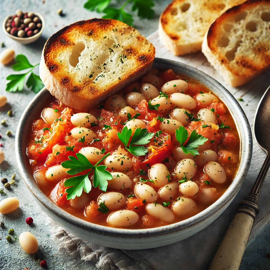 Hearty vegan white bean stew served with toasted bread