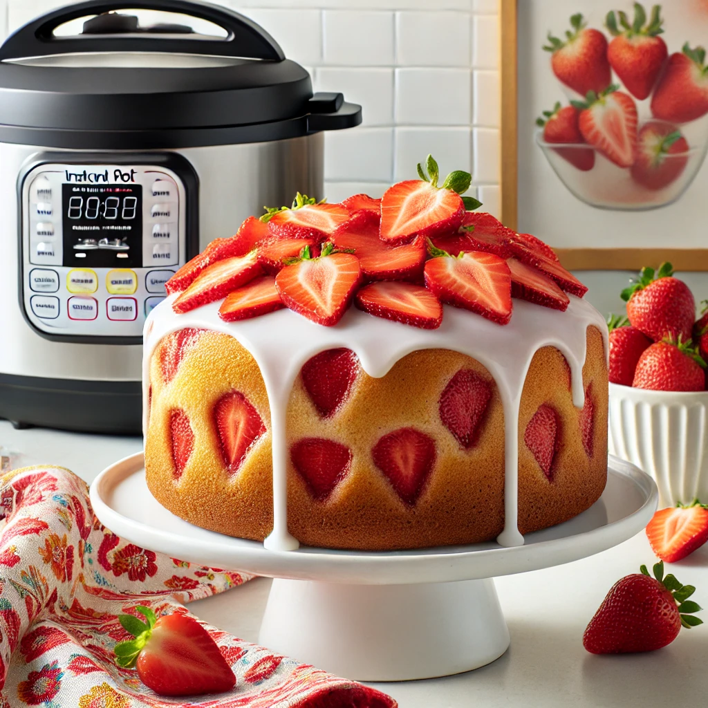 Instant Pot strawberry cake with fresh strawberries and glaze, displayed on a cake stand in a kitchen setting