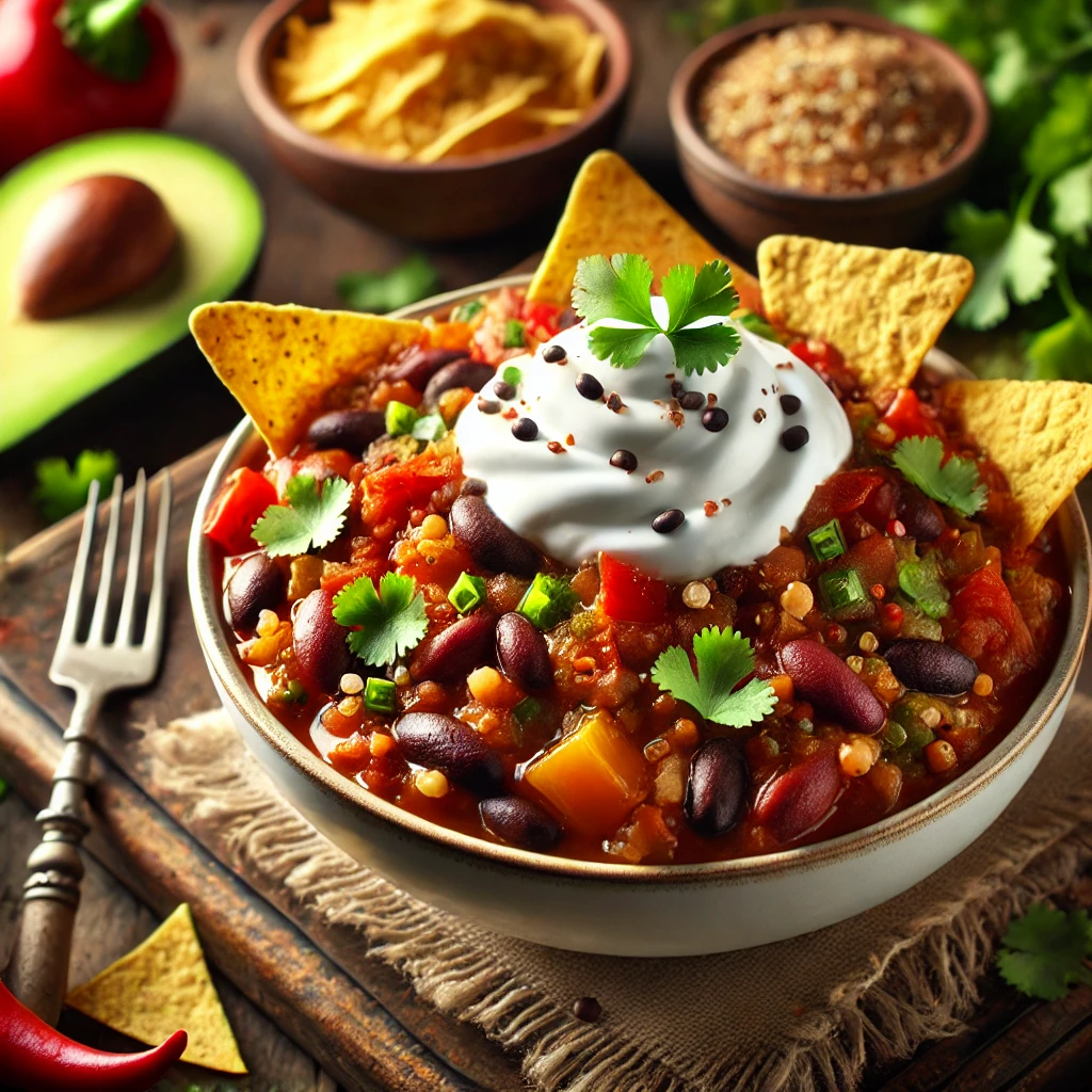 Instant Pot vegetarian chili with black beans, quinoa, and bell peppers, garnished with dairy-free sour cream and tortilla chips