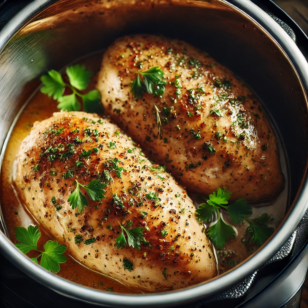 Juicy chicken breast cooked in Instant Pot, seasoned with herbs and garnished with fresh parsley – perfect for quick and easy chicken breast in Instant Pot recipes.