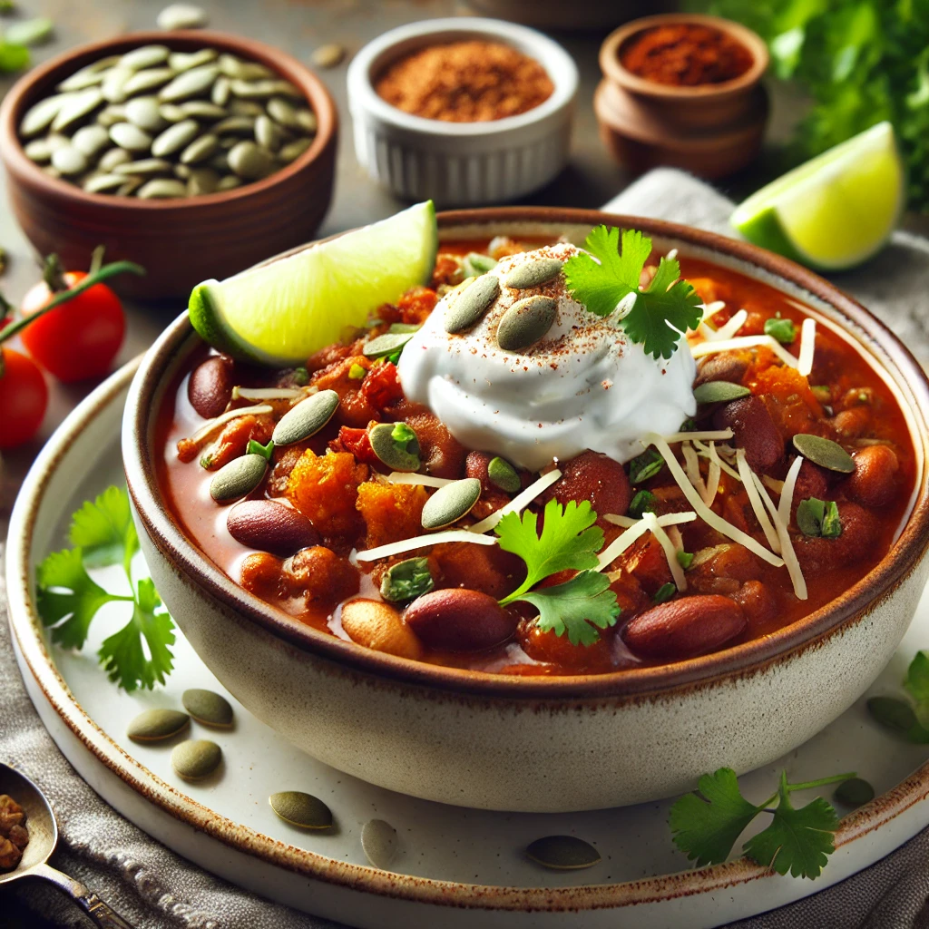 Hearty vegetarian chili served in a bowl, topped with fresh cilantro, sour cream