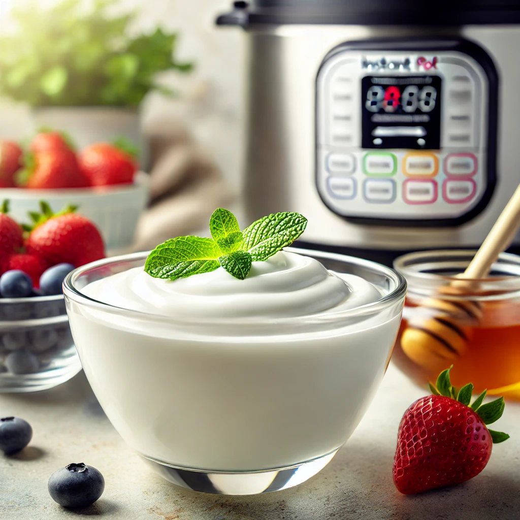 Homemade yogurt made using the Instant Pot method, served in a glass bowl with fresh berries and honey as toppings