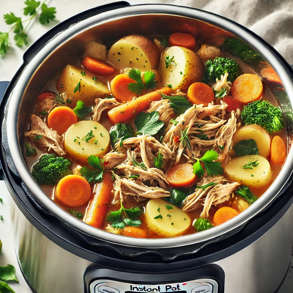 Hearty Instant Pot meal with chicken, potatoes, and vegetables - one of the best Instant Pot recipes for busy nights and gourmet tastes