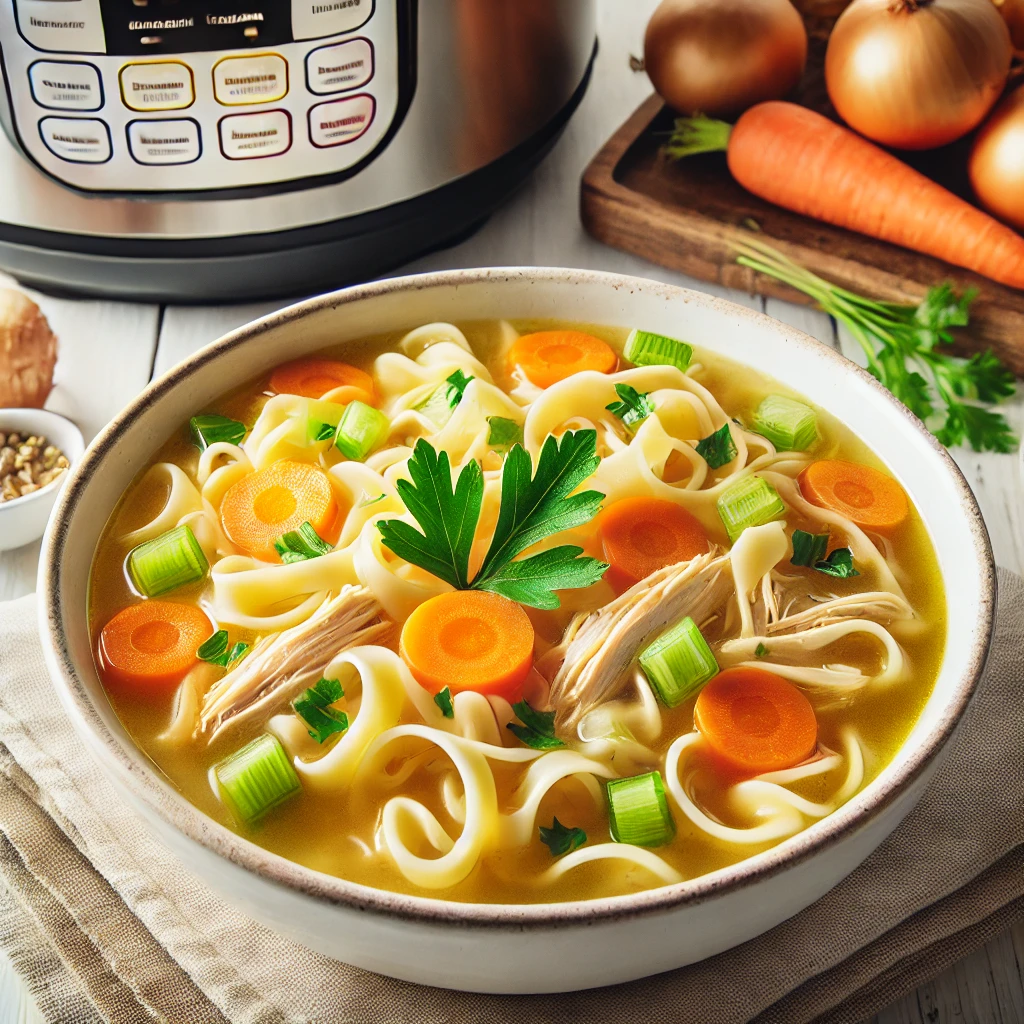 Healthy 30-minute Instant Pot chicken noodle soup with tender shredded chicken, egg noodles, carrots, celery, and fresh parsley, served in a white bowl