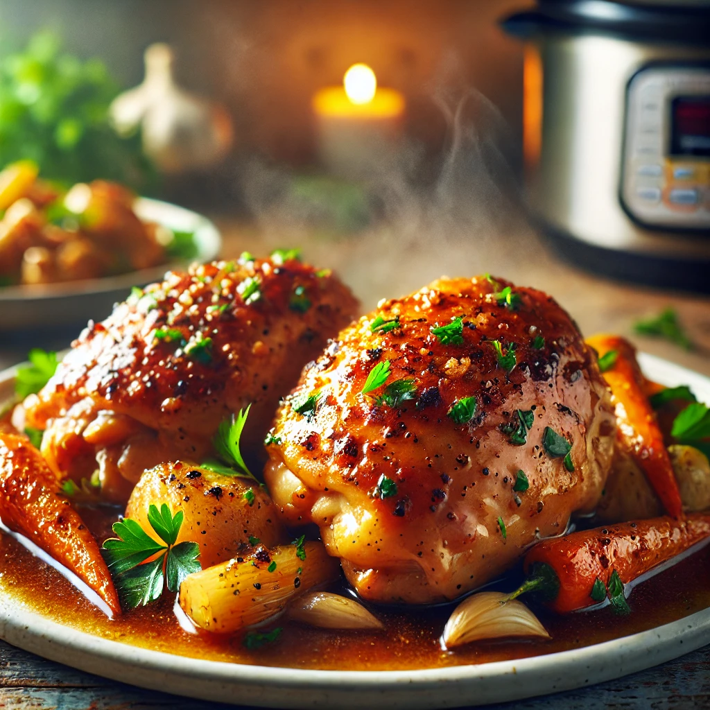 Juicy chicken thigh Instant Pot recipe with crispy skin, served with vegetables and garnished with herbs.