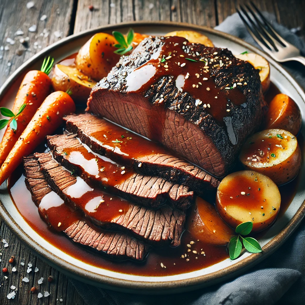 Tender slices of beef from an Instant Pot brisket recipe, served with vegetables and rich sauce, showcasing a quick and flavorful 90-minute meal