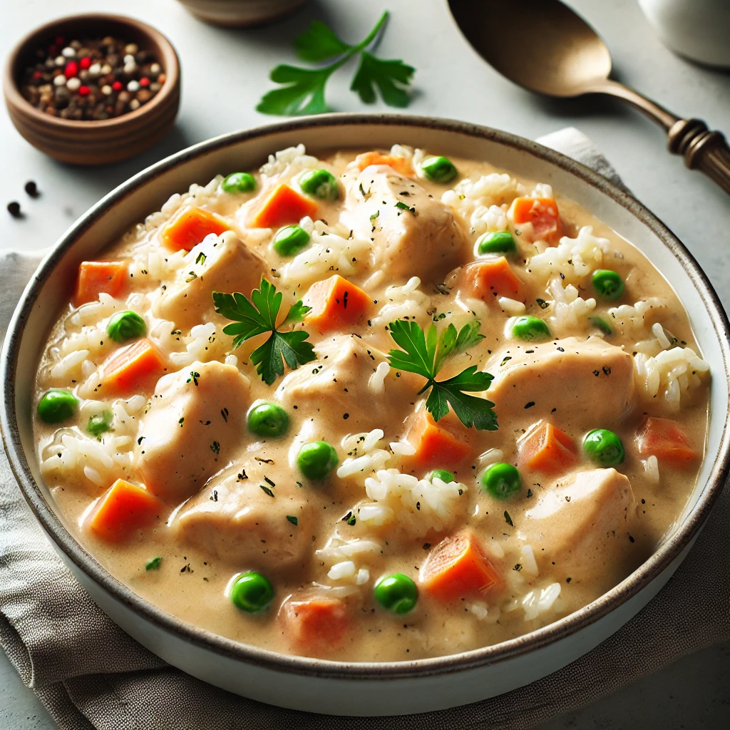 Quick & Creamy Instant Pot Chicken and Rice served with tender chicken