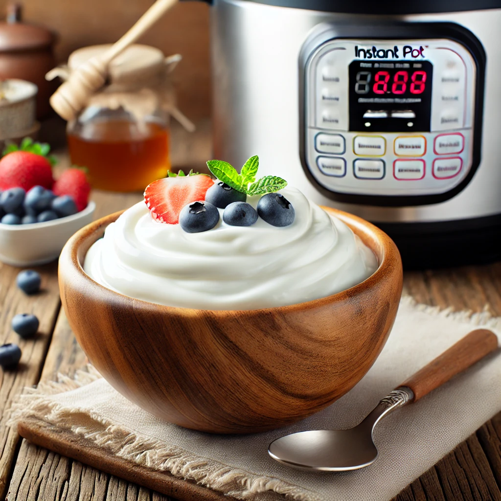 Homemade creamy yogurt made using an Instant Pot, topped with fresh berries