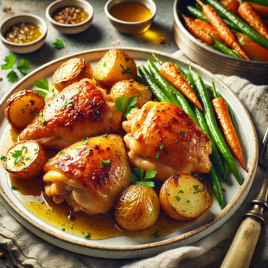 Juicy and flavorful Instant Pot chicken thighs served with roasted potatoes and vegetables.