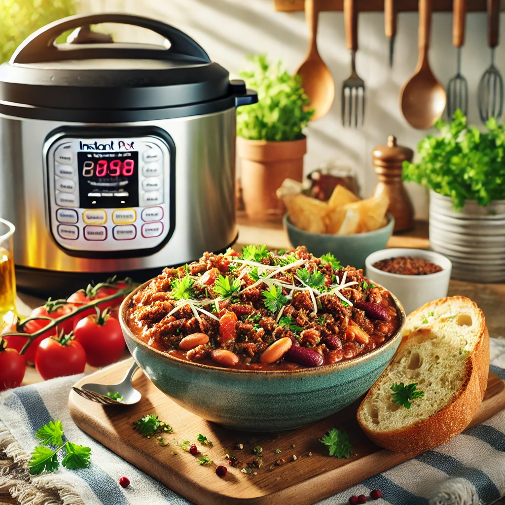 Instant Pot ground beef chili with beans and herbs in a cozy kitchen setting, showcasing a quick and easy meal made with an Instant Pot