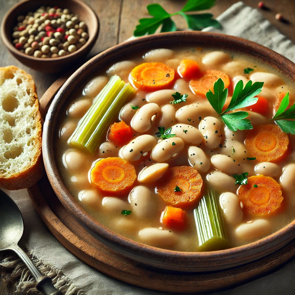 Vegan Instant Pot white bean stew with carrots, celery, and tomatoes