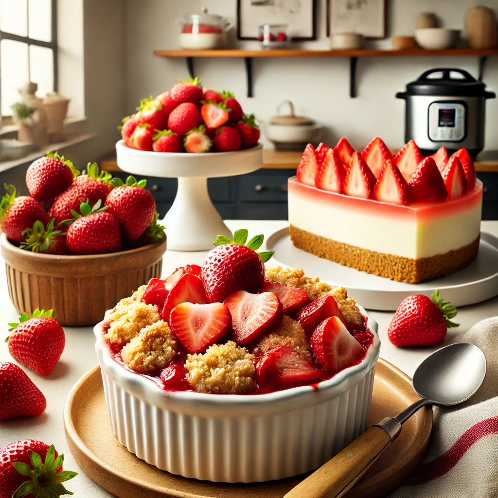 Instant Pot strawberry cobbler, cake, and cheesecake