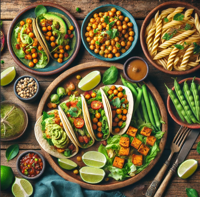 Quick easy vegan dinner featuring tacos with roasted chickpeas, avocado spread, pasta with green beans, and a salad with crispy tofu and peanut sauce, served on a rustic table