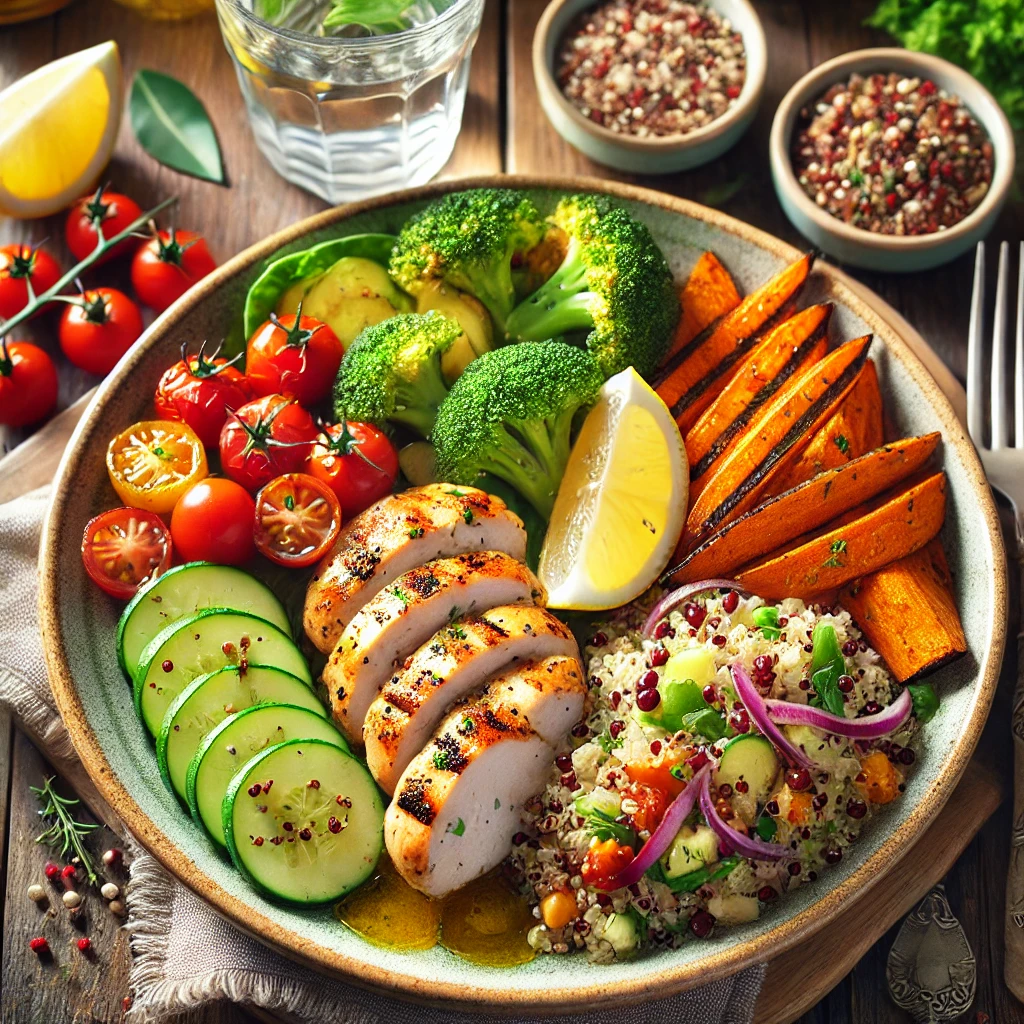 Gluten-free and dairy-free dinner plate with lemon herb grilled chicken, quinoa salad