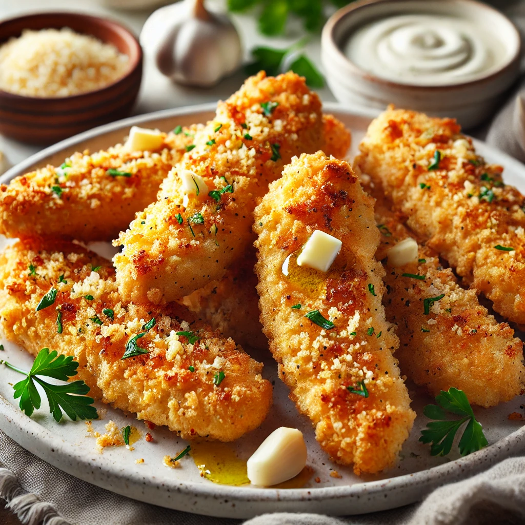 Easy chicken tender recipe for dinner with few ingredients - Crispy baked garlic butter chicken tenders garnished with fresh parsley