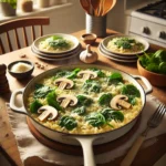 One-pot creamy garlic parmesan orzo with spinach and mushrooms - a quick and easy dinner recipe for two, served in a cozy kitchen setting